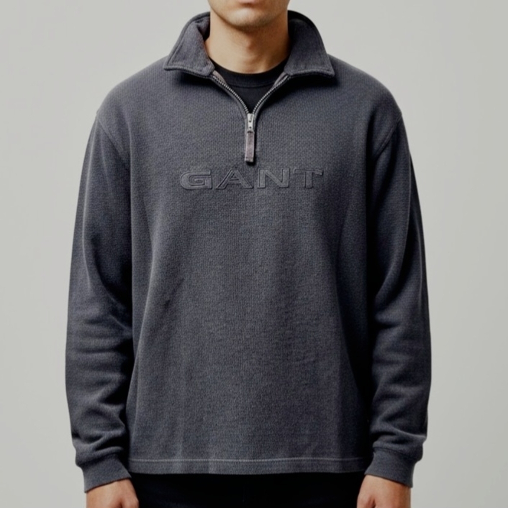 GANT Men's Grey Cotton 1/4 Zip Sweater - Medium